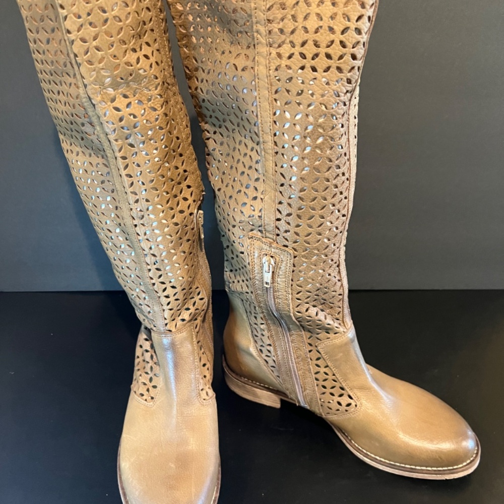 100% Leather Perforated Knee-High Boot - NEW